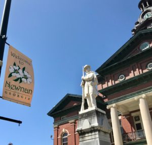 A Confederate monument erected in 1885 stands before the old Courthouse in downtown Newnan. (Bob Ingle photo)